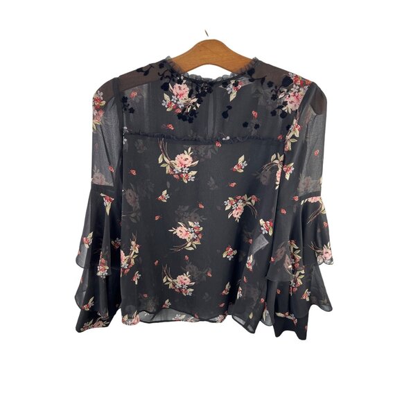 Zara Basic Size XS Floral Sheer Blouse Black Ruffle Bell Sleeve Fairygoth - Picture 1 of 10